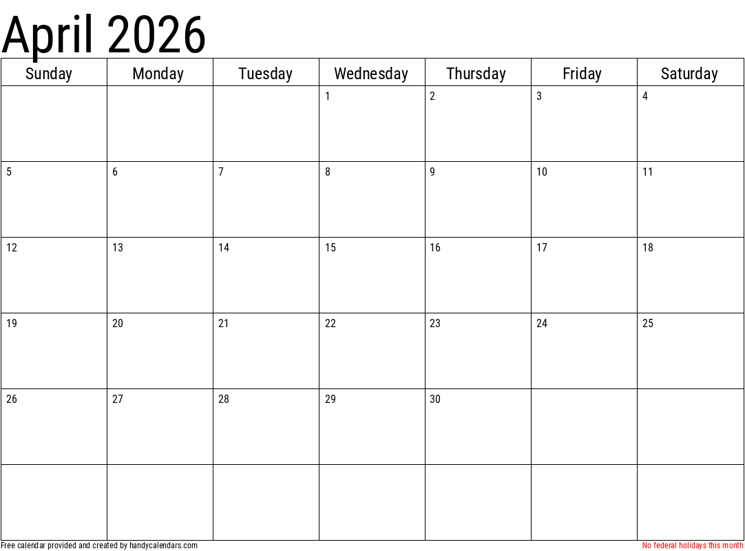 April 2026 Calendar With Holidays Handy Calendars