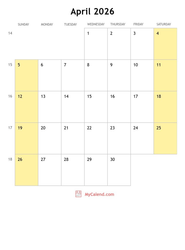 April 2026 Calendar With Holidays Monthly Printable Calendar