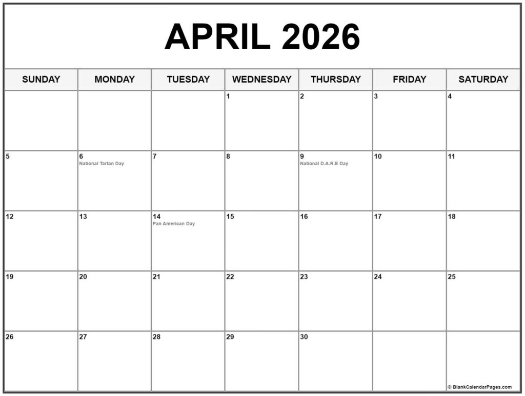 April 2026 With Holidays Calendar