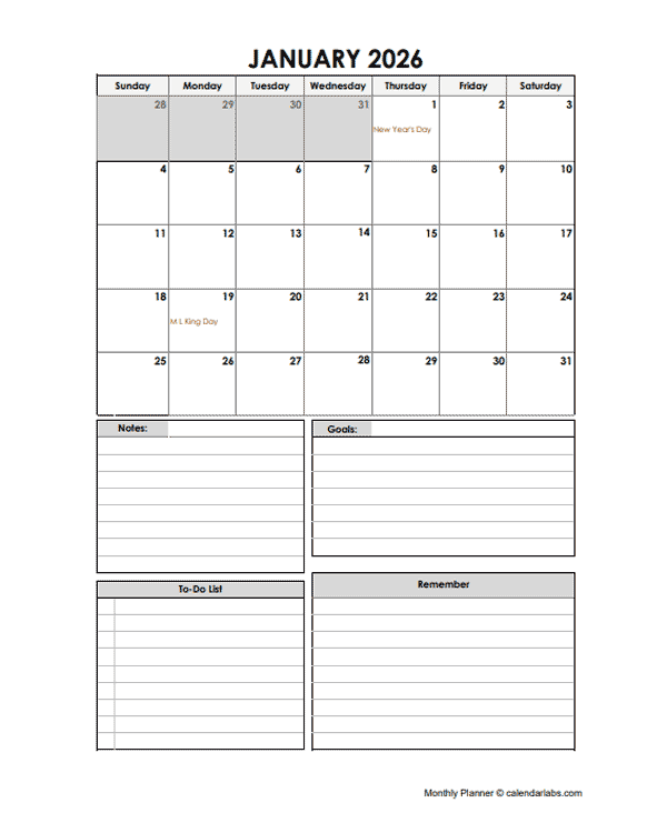 At A Glance 2026 Monthly Planner Free Printable Templates