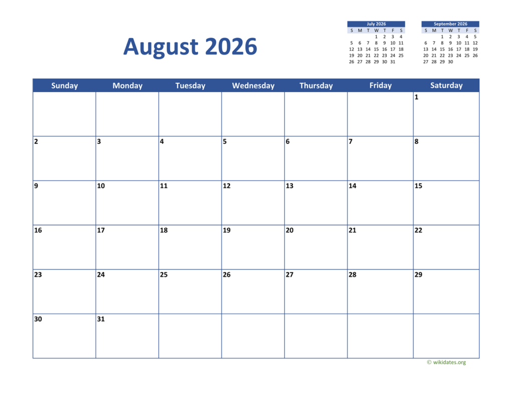 August 2026 Calendar Classic WikiDates