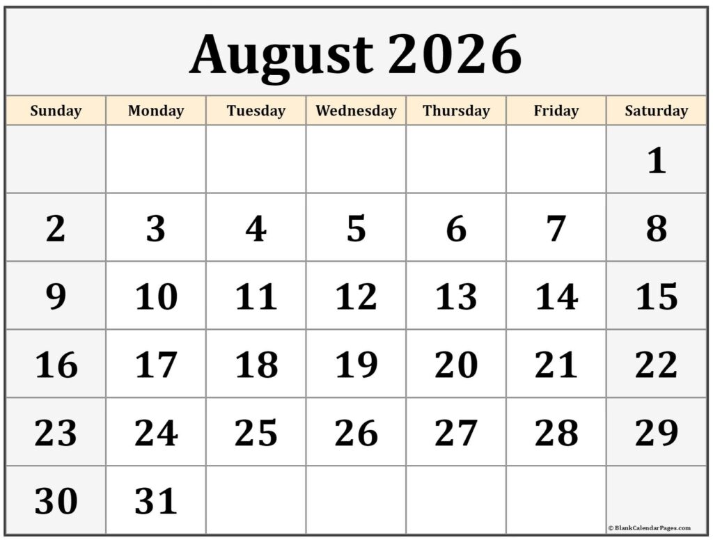 August 2026 Calendar Free Printable Calendars