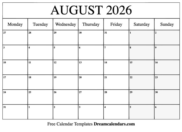 August 2026 Calendar Free Printable With Holidays And Observances