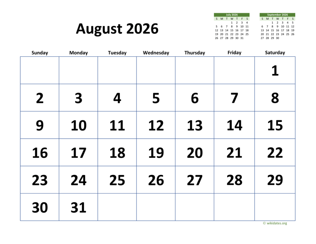 August 2026 Calendar With Extra large Dates WikiDates