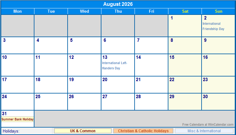 August 2026 UK Calendar With Holidays For Printing image Format 