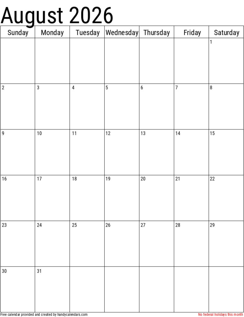 August 2026 Vertical Calendar With Holidays Handy Calendars