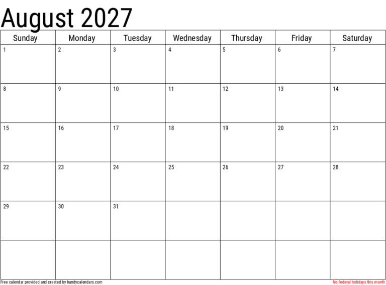 August 2027 Calendar With Holidays Handy Calendars