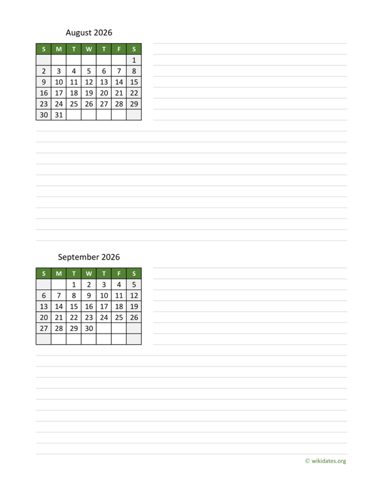 August And September 2026 Calendar WikiDates