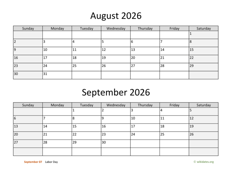 August And September 2026 Calendar WikiDates