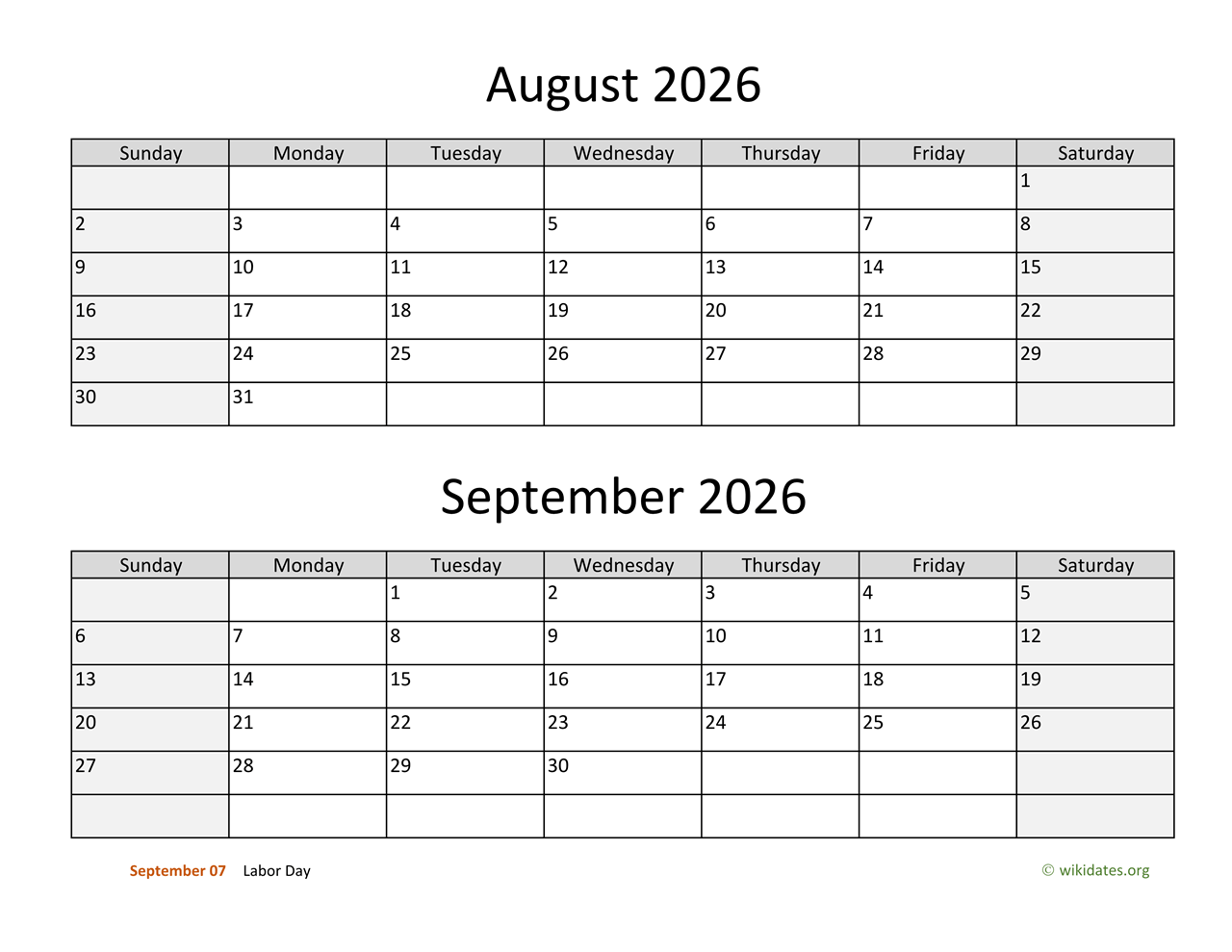 August And September 2026 Calendar WikiDates