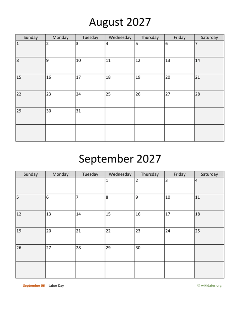 August And September 2027 Calendar WikiDates