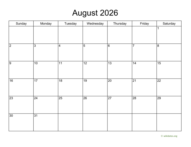 Basic Calendar For August 2026 WikiDates