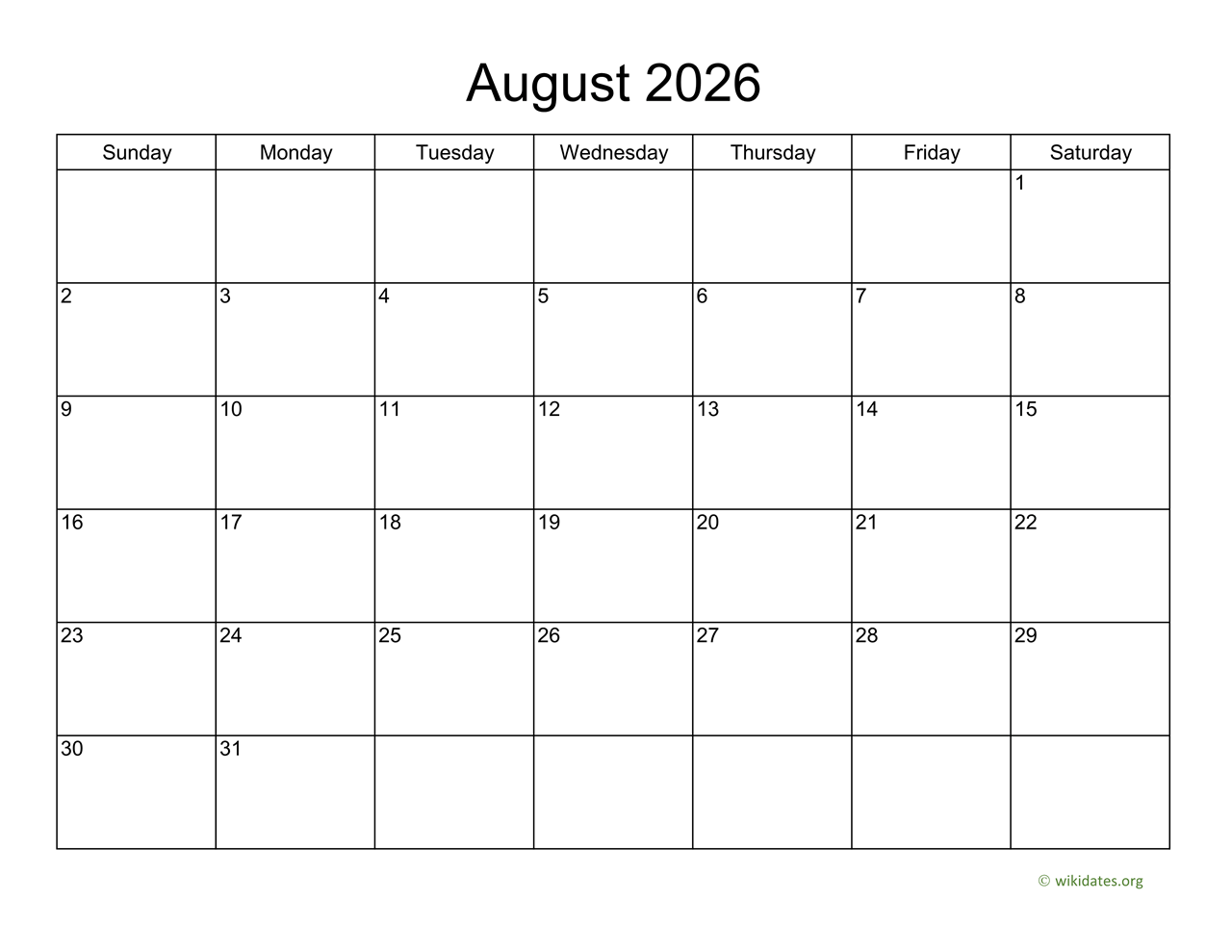 Basic Calendar For August 2026 WikiDates