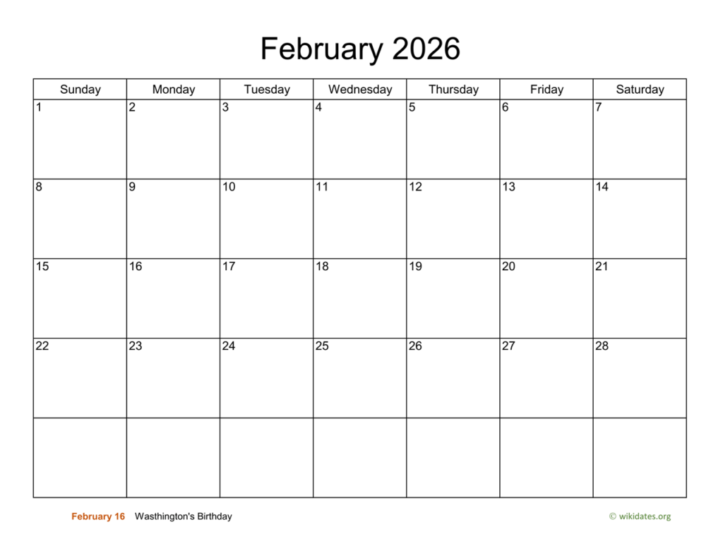 Basic Calendar For February 2026 WikiDates