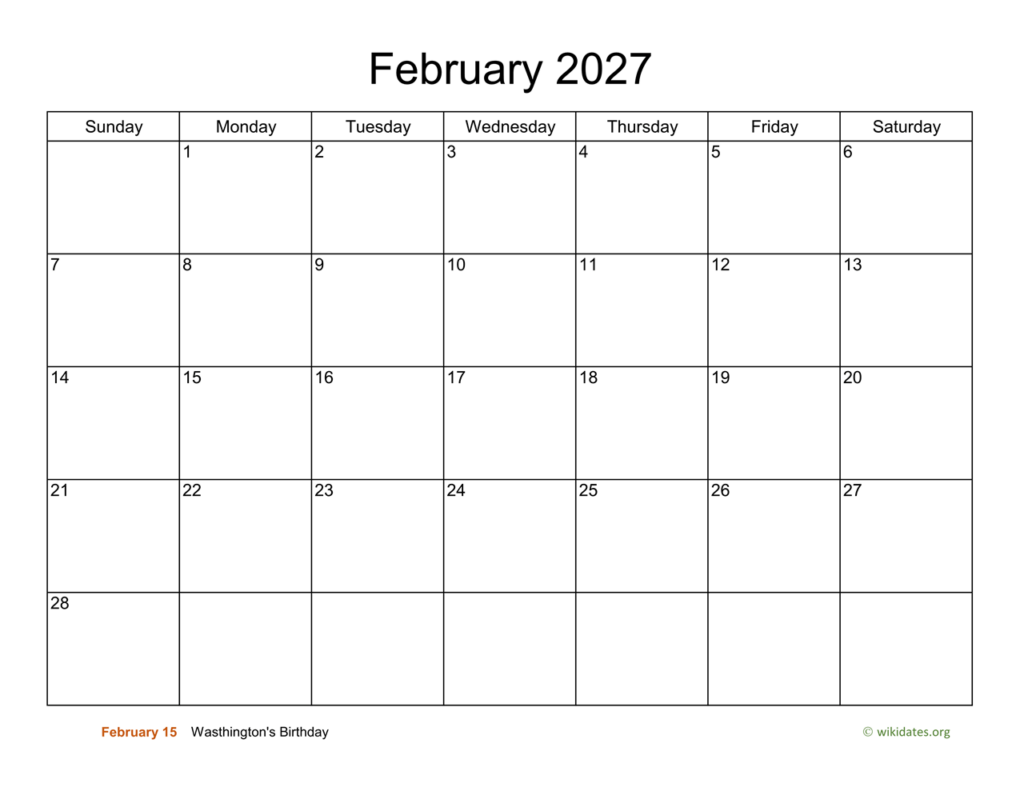 Basic Calendar For February 2027 WikiDates