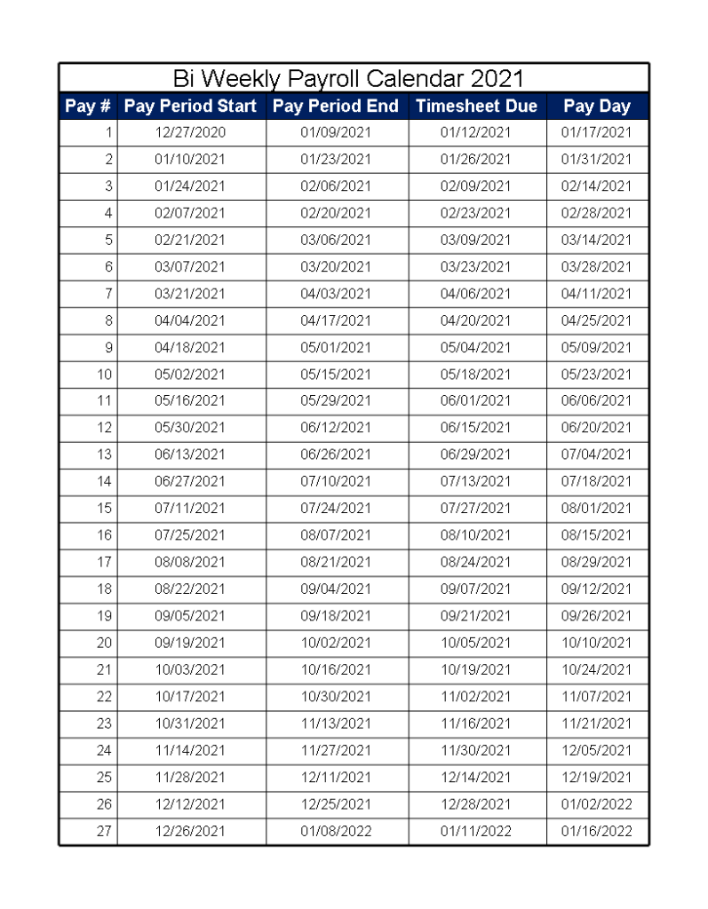 Blank Bi Weekly Payroll Calendar