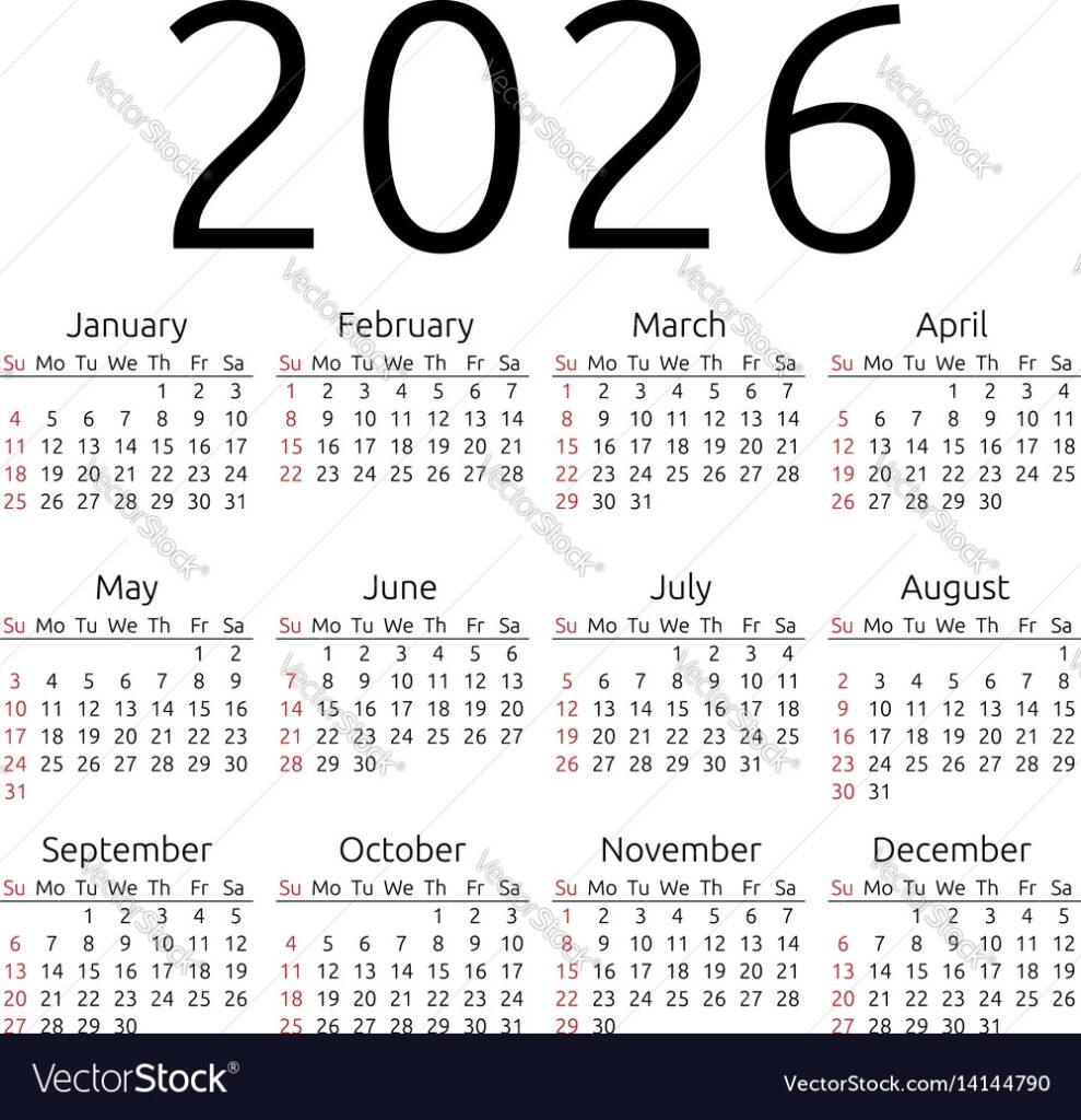 Calendar 2026 Sunday Royalty Free Vector Image