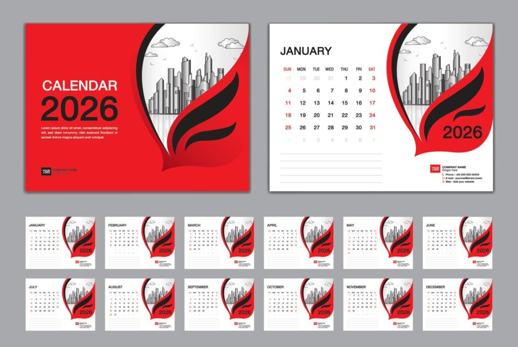 Calendar 2026 Template Set Vector Week Starts Sunday Set Of 12 Month 