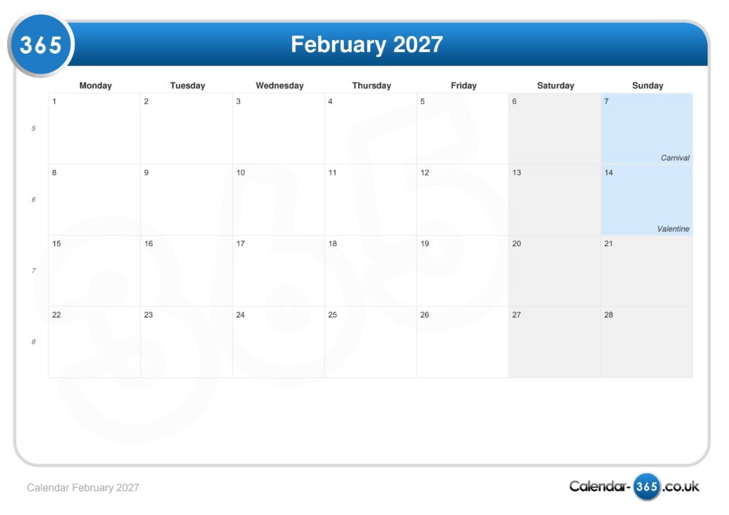 Calendar February 2027