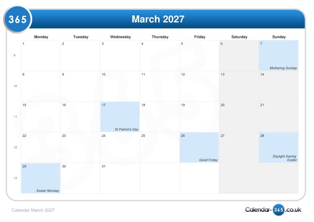 Calendar March 2027