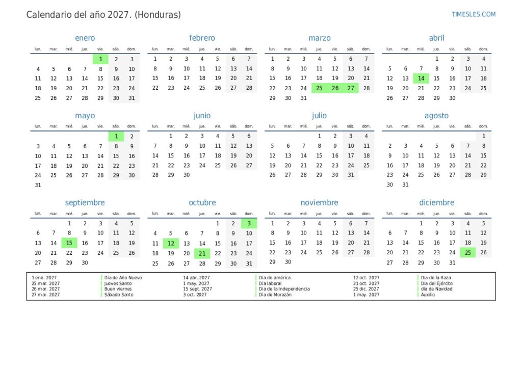 Calendario 2027 Con D as Festivos En Honduras Imprimir Y Descargar 