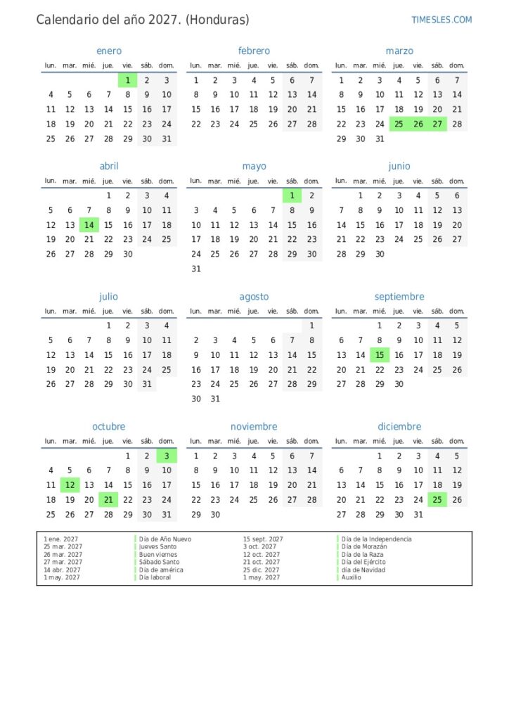 Calendario 2027 Con D as Festivos En Honduras Imprimir Y Descargar 