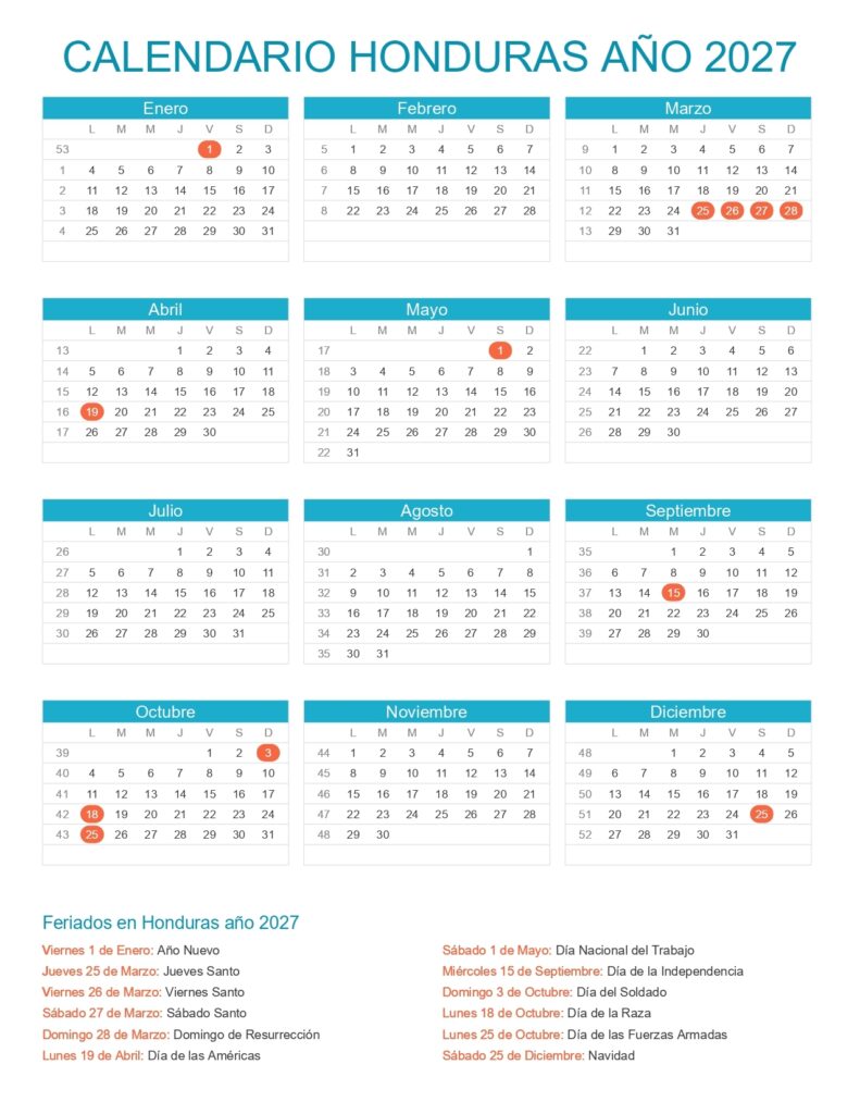 Calendario De Honduras A o 2027 Feriados