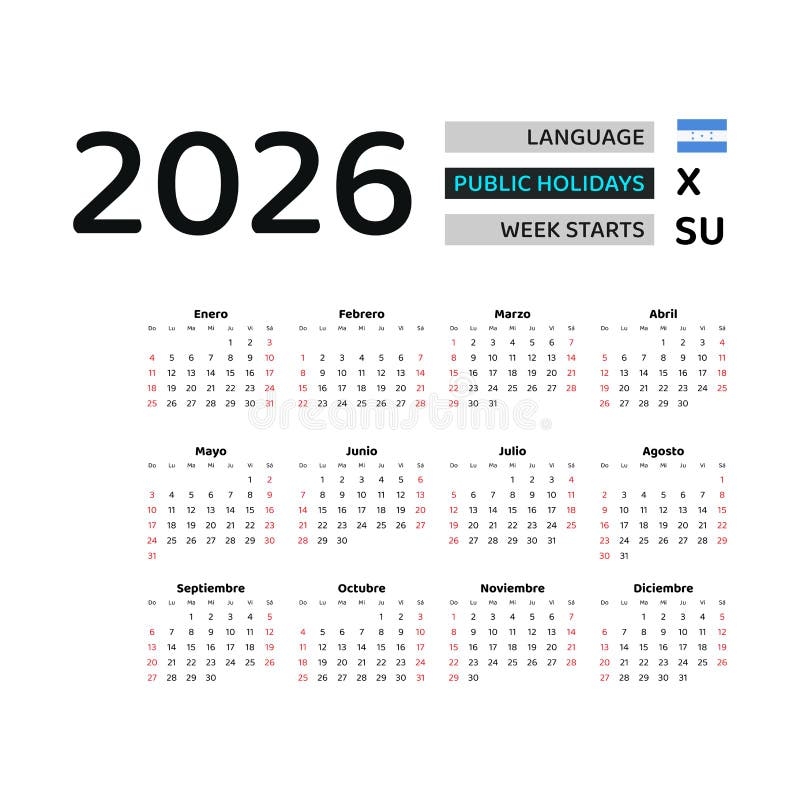 Calendario Honduras 2026 La Settimana Inizia Dalla Domenica Disegno 