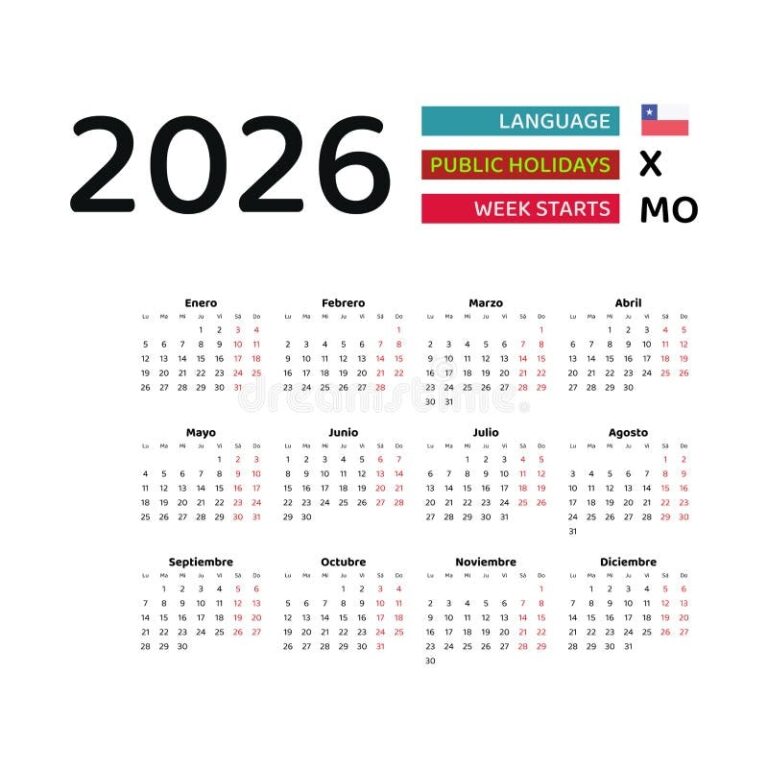 Chile Calendar 2026 Week Starts From Monday Vector Graphic Design 