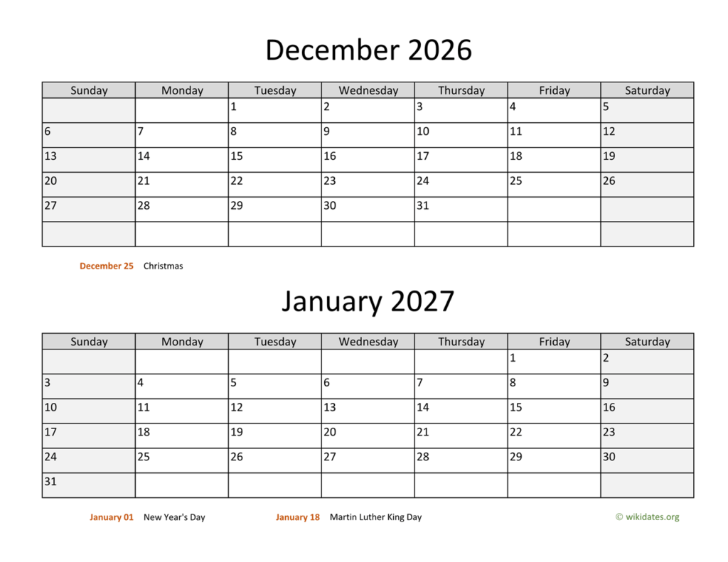 December 2026 And January 2027 Calendar WikiDates