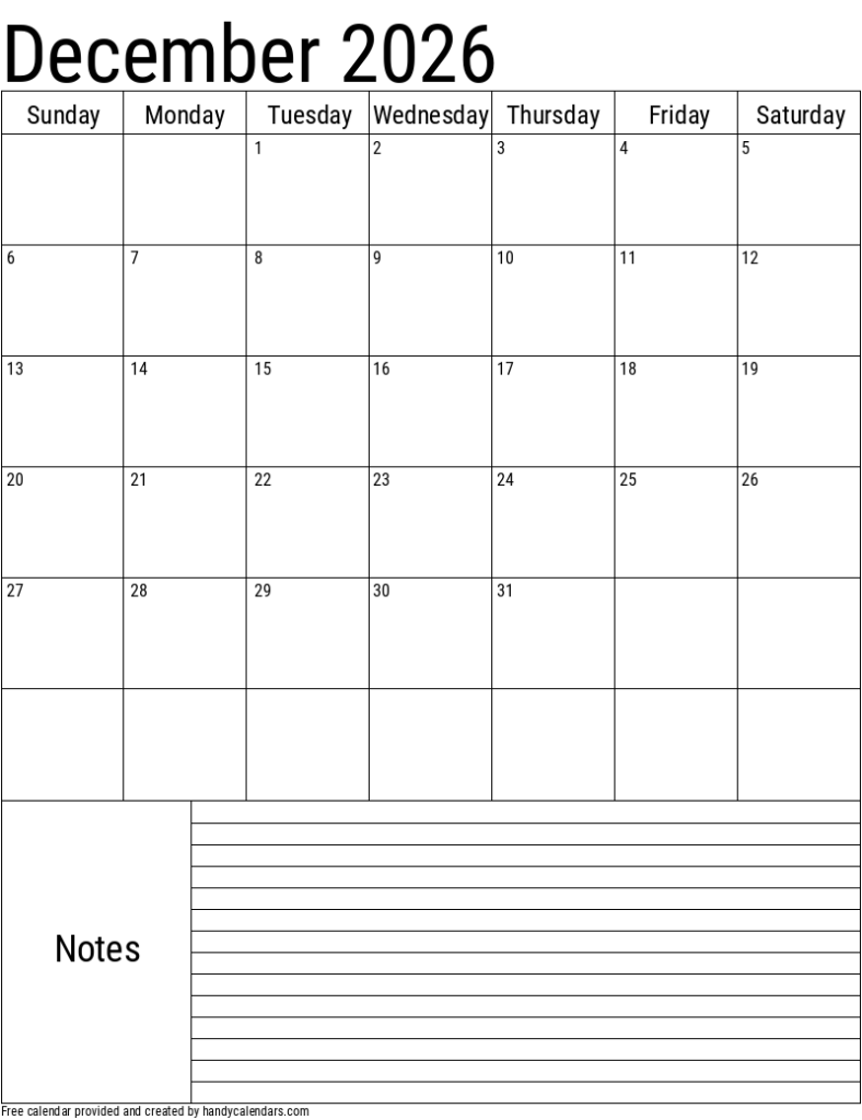 December 2026 Calendar With Notes And Holidays Handy Calendars