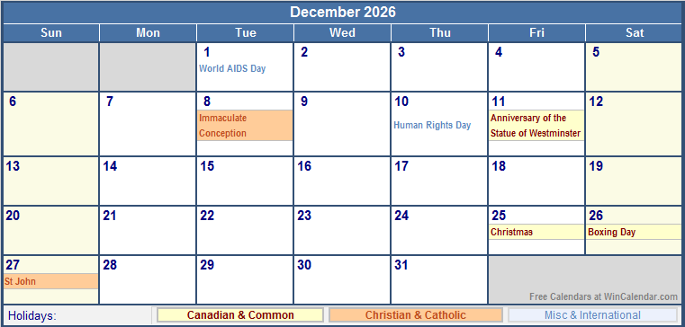 December 2026 Canada Calendar With Holidays For Printing image Format 