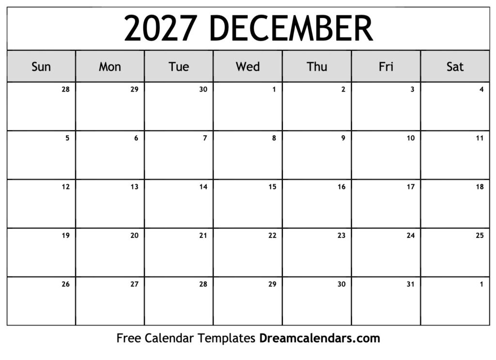 December 2027 Calendar Free Printable With Holidays And Observances