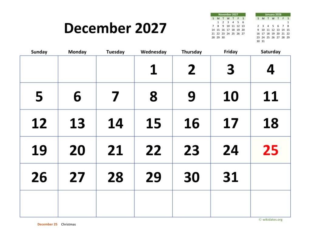 December 2027 Calendar With Extra large Dates WikiDates