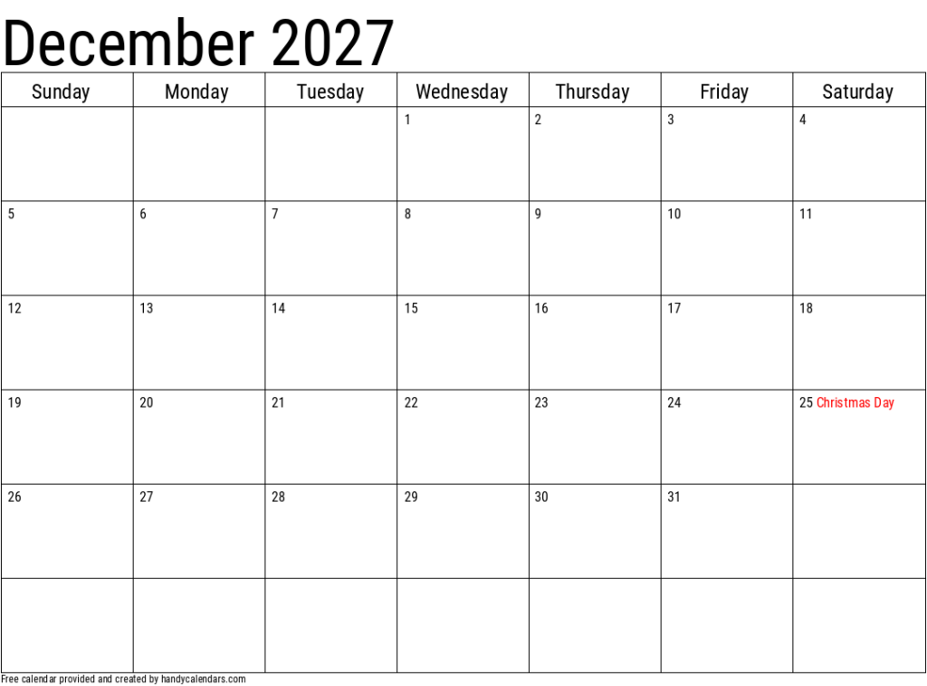 December 2027 Calendar With Holidays Handy Calendars