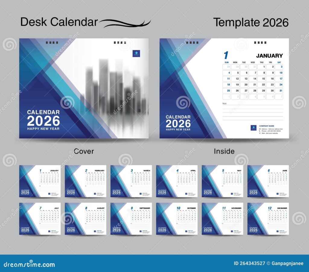 Desk Calendar 2026 Template Set And Blue Polygon Cover Design Set Of 