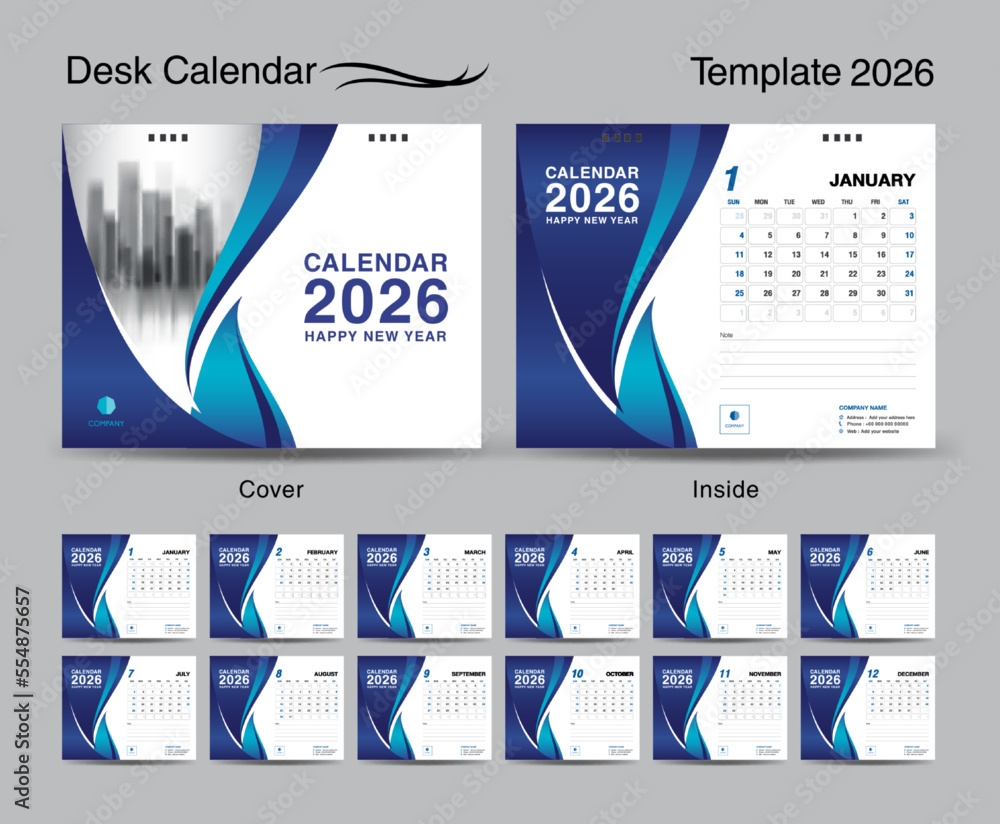 Desk Calendar 2026 Template Set And Blue Wave Cover Design Set Of 12 