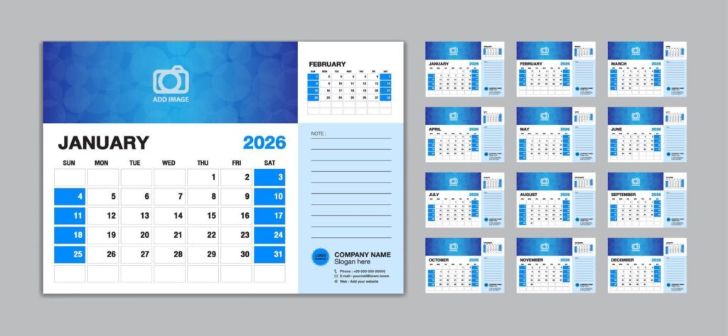 Desk Calendar 2026 Template Set Vector Week Starts Sunday Set Of 12 