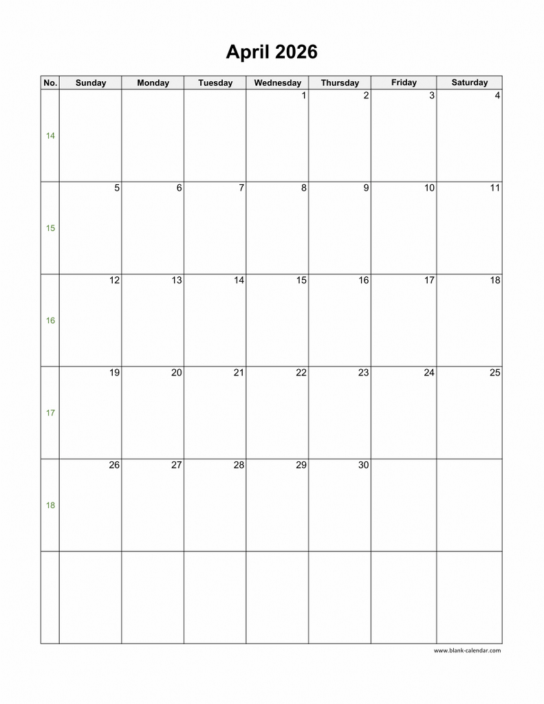Download April 2026 Blank Calendar vertical
