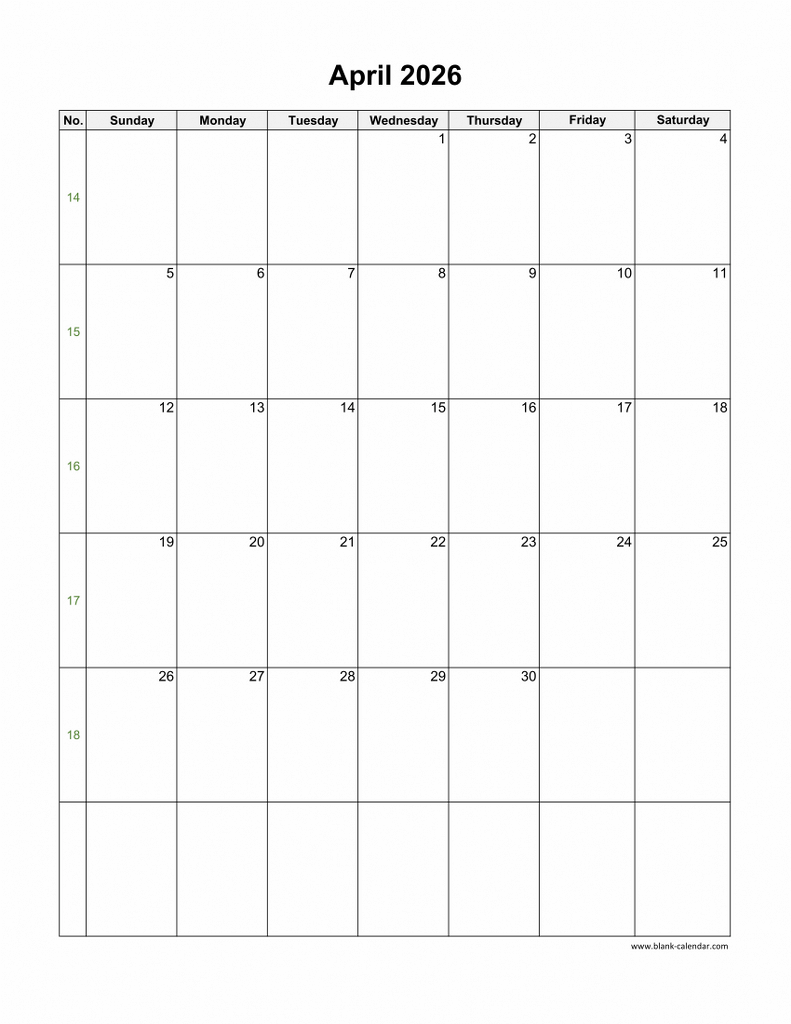 Download April 2026 Blank Calendar vertical 