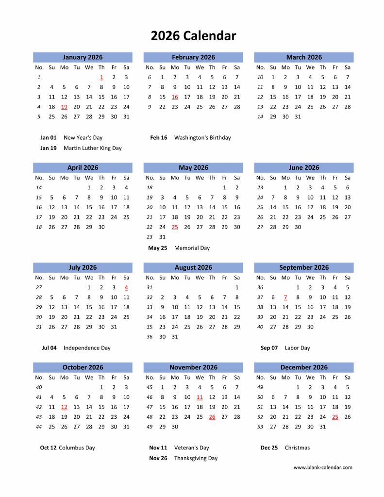 Download Blank Calendar 2026 With US Holidays 12 Months On One Page 