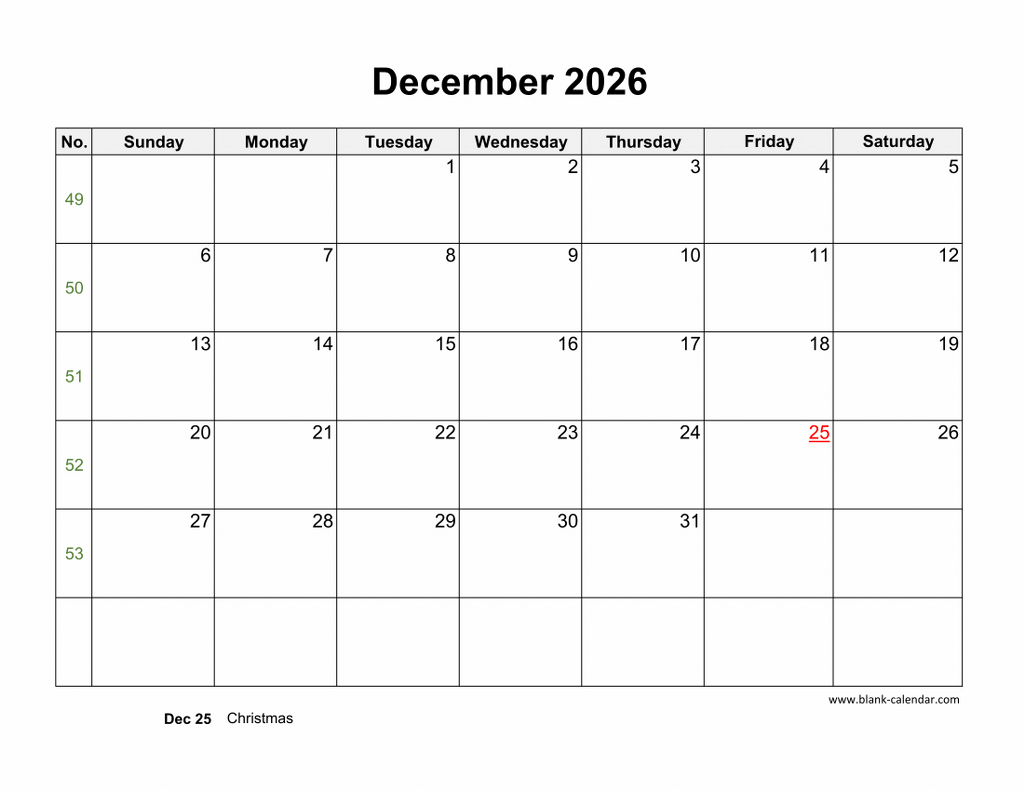 Download December 2026 Blank Calendar With US Holidays horizontal 