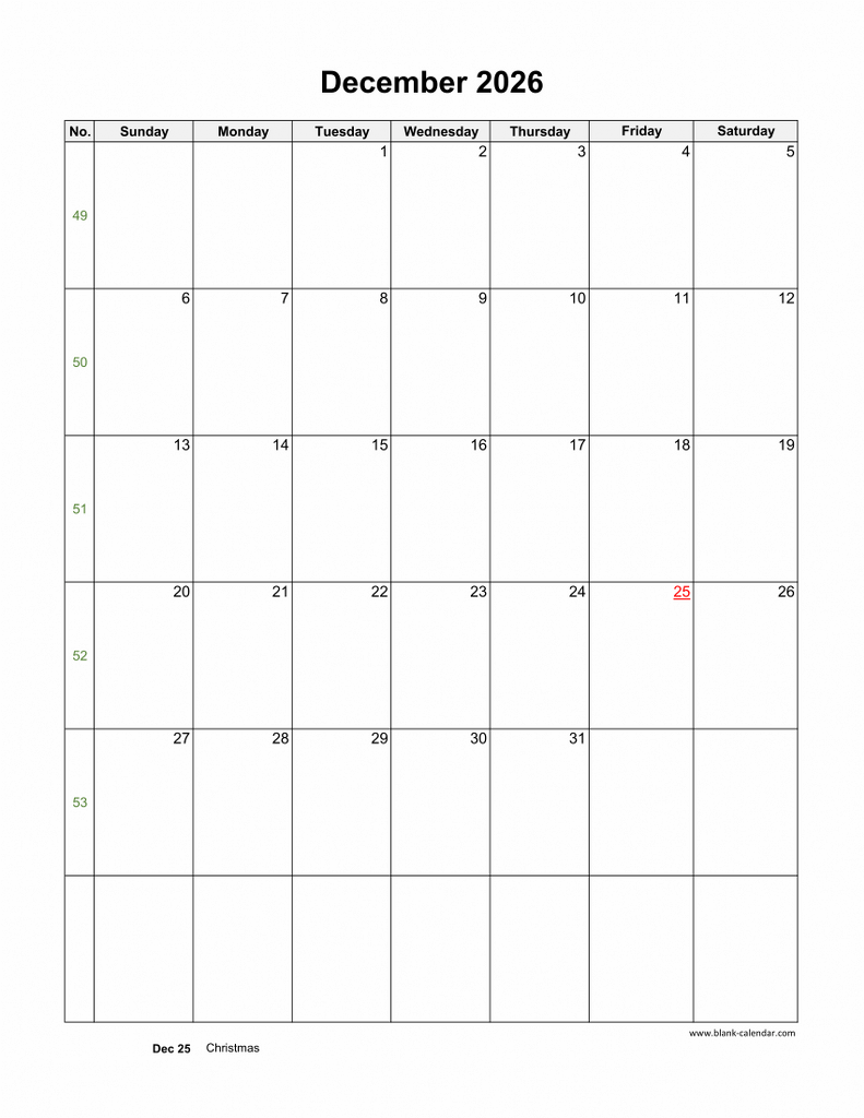 Download December 2026 Blank Calendar With US Holidays vertical 