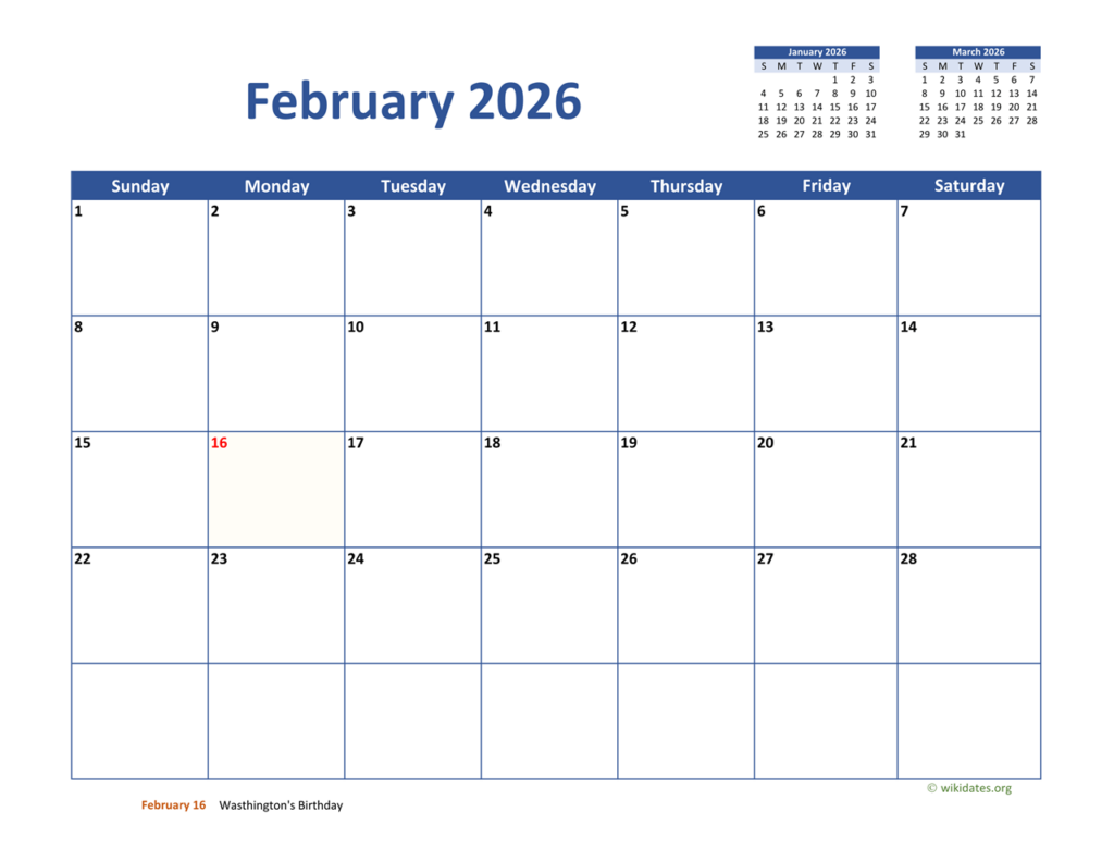 February 2026 Calendar Classic WikiDates