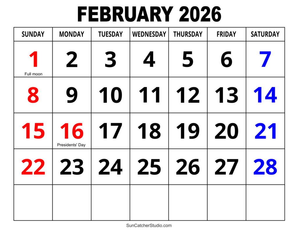 February 2026 Calendar Free Printable DIY Projects Patterns 