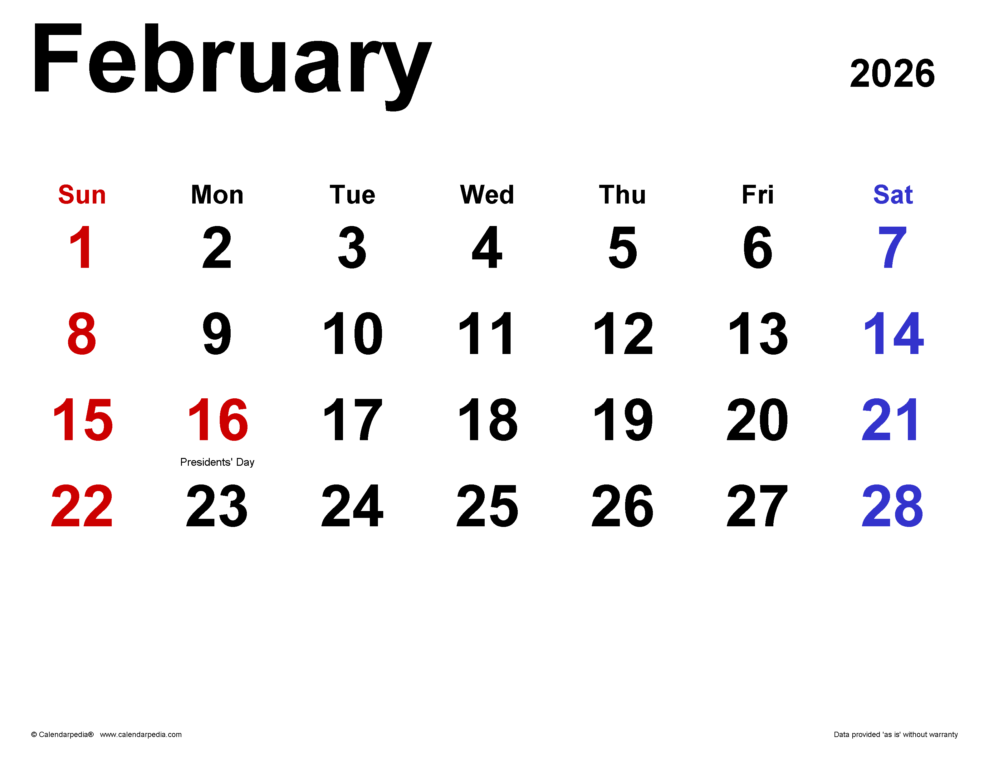 February 2026 Calendar Templates For Word Excel And PDF