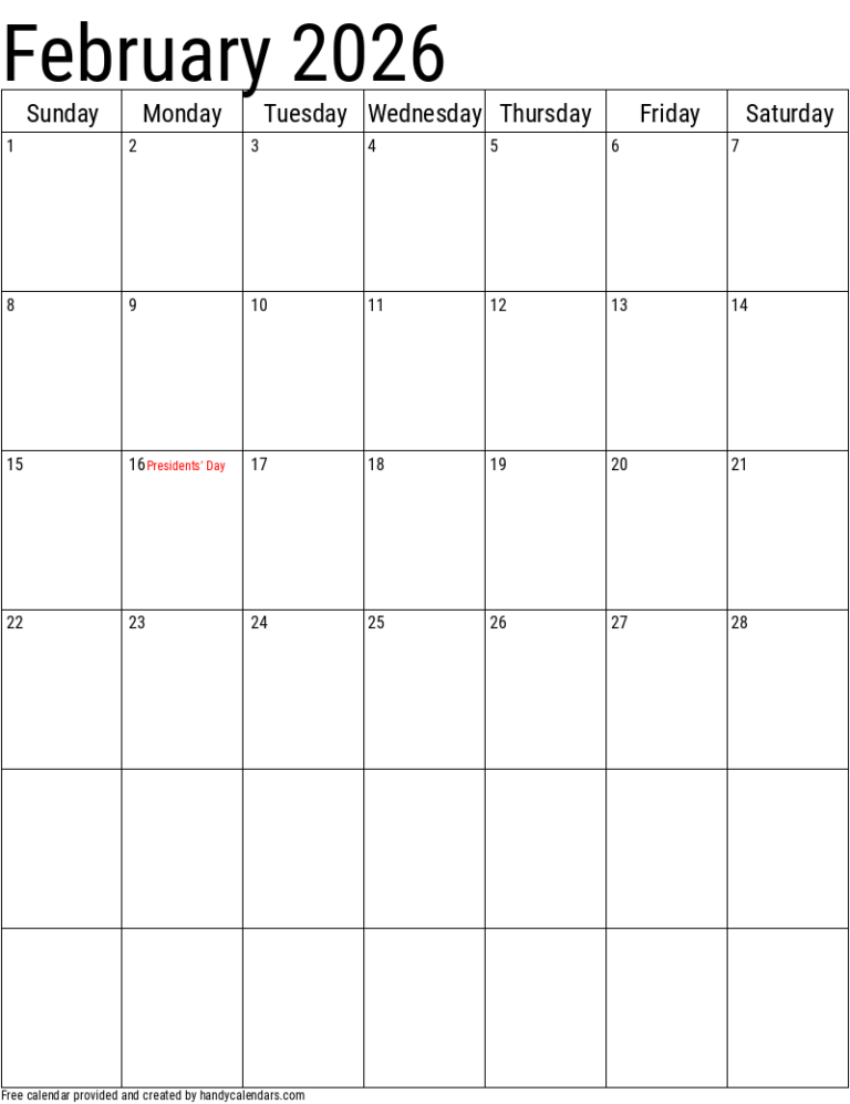 February 2026 Vertical Calendar With Holidays Handy Calendars