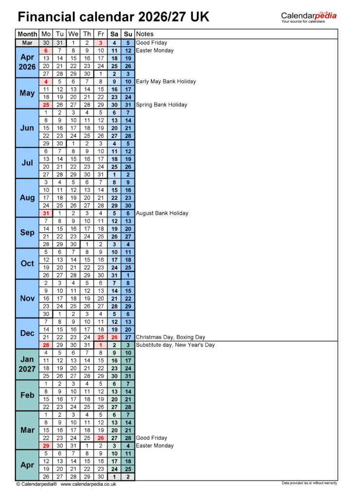 Financial Calendars 2026 27 UK In PDF Format