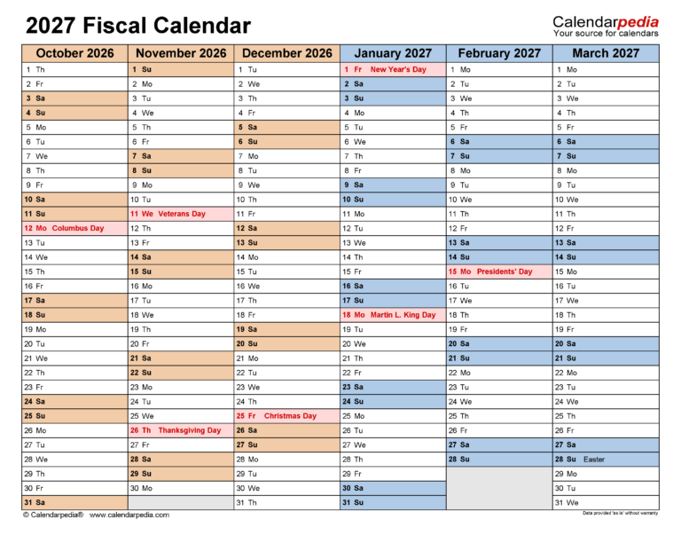 Fiscal Calendars 2027 Free Printable Excel Templates