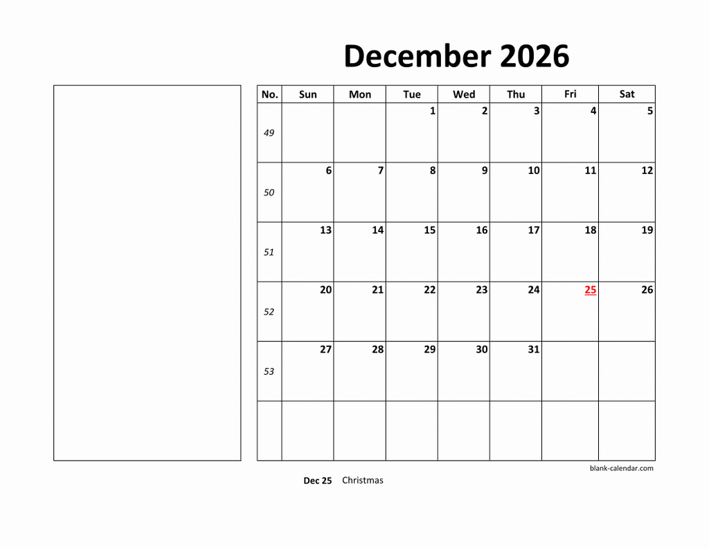 Free Download Printable December 2026 Calendar Large Box Holidays